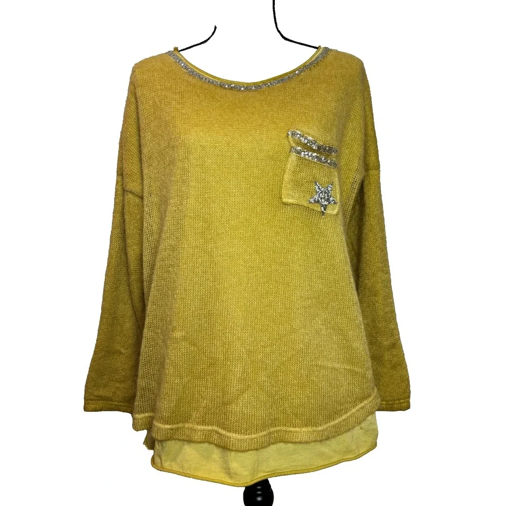 Scandal Women's XL Sweater Yellow Mohair Lady Pullover Jumper‎ Cozy Italy Made